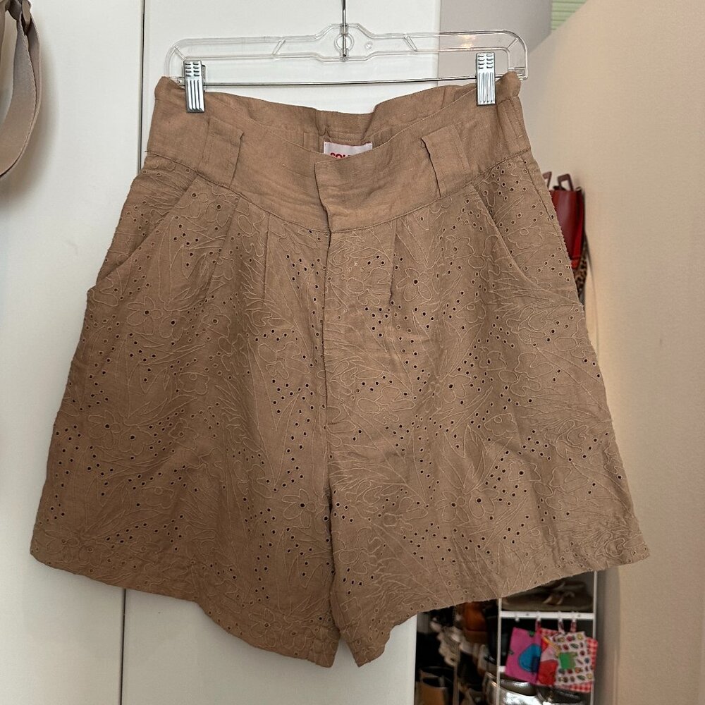 Solid and Striped Eyelet Tan Brown High Waisted Shorts Size Medium